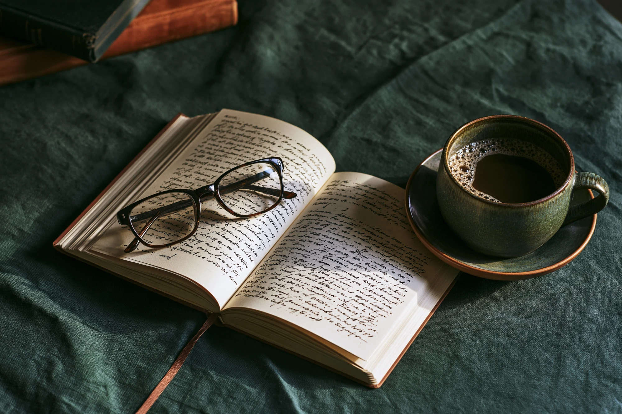 Un carnet manuscrit ouvert, des lunettes et une tasse de café sur un lin vert